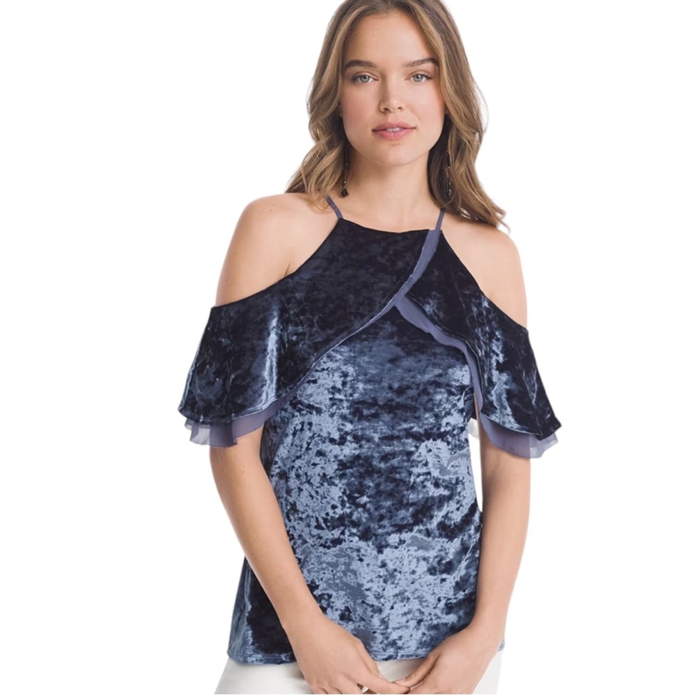WHBM Blue Crushed Velvet Women’s Cold Shoulder Flounce Top